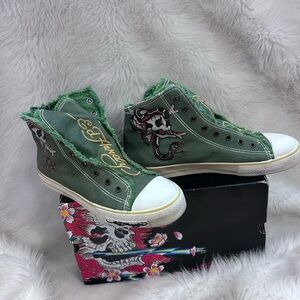 Ed Hardy high-top cracked leather over canvas, sneakers, tattoo shoes, size 10